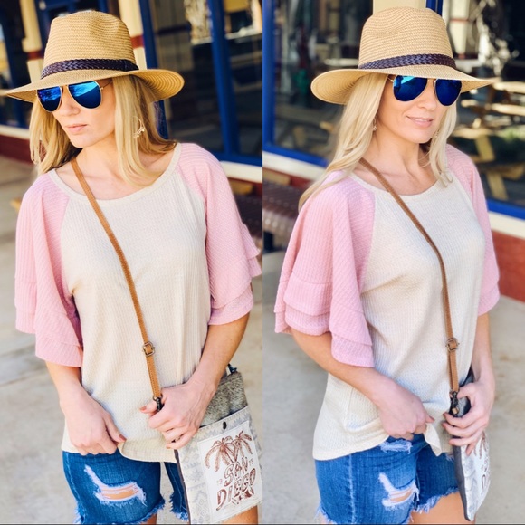 ALL A FLUTTER RUFFLE  SLEEVE WAFFLE KNIT TUNIC - Picture 4 of 7